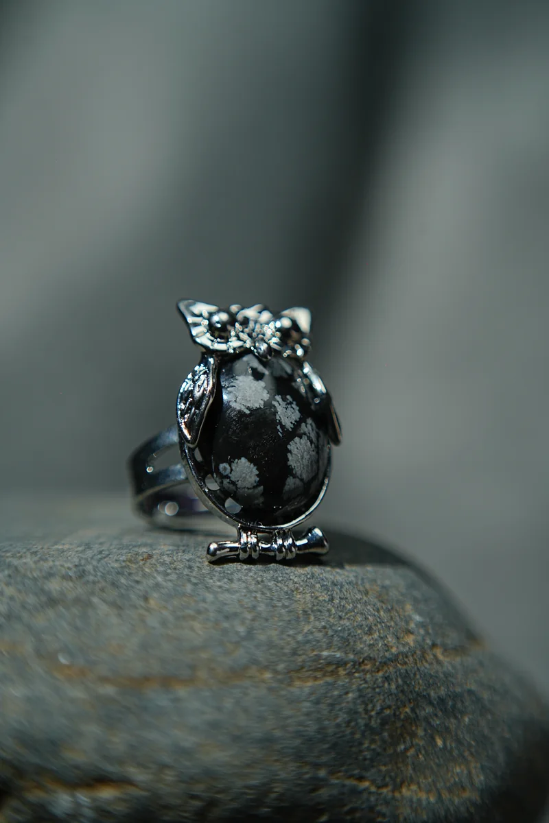 Snowflake Obsidian Owl Ring thumbnail 2