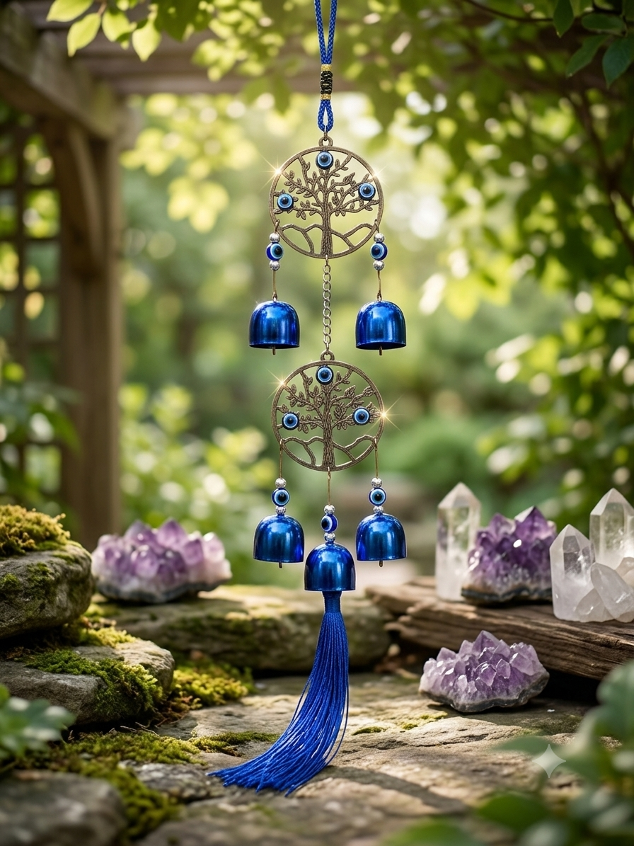 Evil Eye & Tree of Life Protection Wind Chime with Metallic Blue Bells